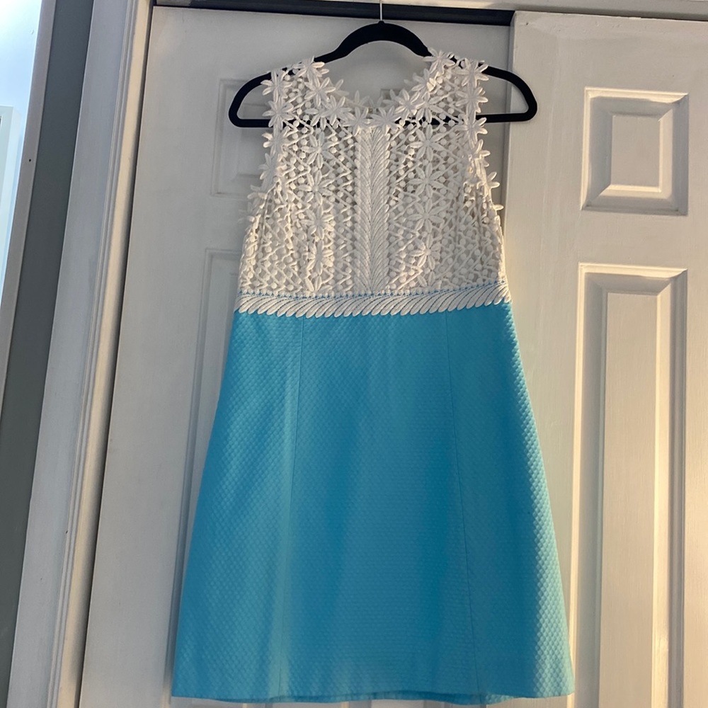 White lace bodice blue skirt Lilly Pulitzer dress